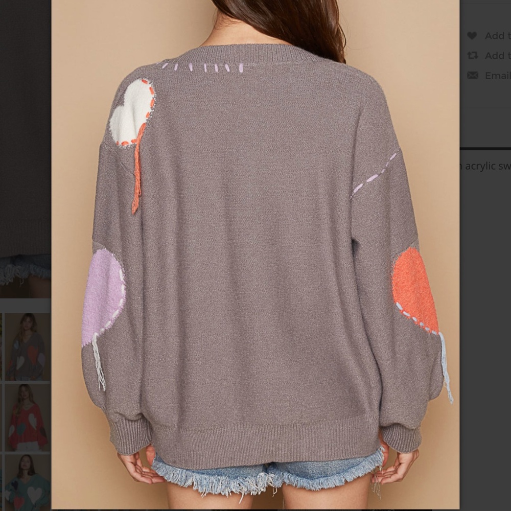 POL top Taupe V-Neck Sweater with Orange, Cream, and Light Blue Hearts POL NEW - Picture 5 of 9
